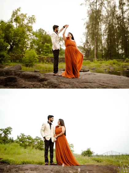 Dancing on a rocky outcrop surrounded by greenery. This collage shows both a wide shot of their dance and a classic romantic pose, showcasing their love in a beautiful natural setting.