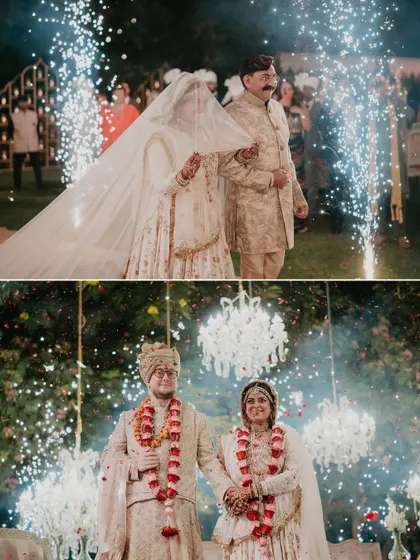 The bride's entrance and the couple's union, framed by sparklers. I use pyrotechnics to add a touch of magic and drama to your wedding photos.