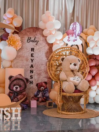 A duplicate image of the grand teddy bear setup for Reyansh's ceremony, emphasizing the scale and detail I put into these large-scale traditional events.