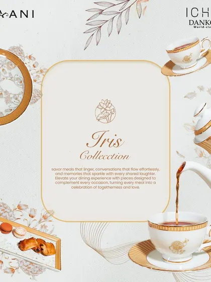 A glimpse of the enchanting Ichkan Iris Collection. This graphic showcases the delicate floral patterns and gold accents of the tableware, designed to turn every meal into a celebration of togetherness and love.