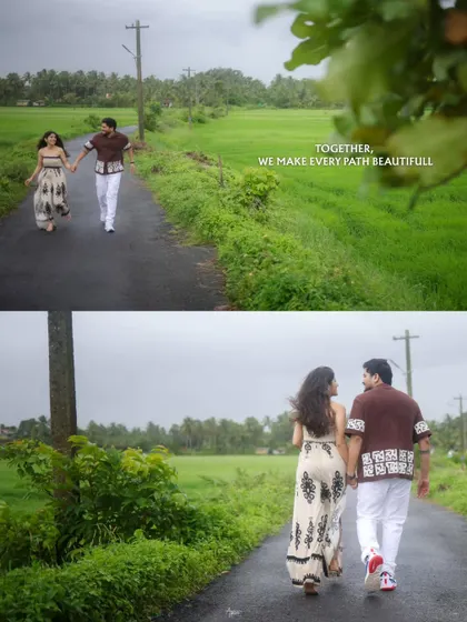 A beautiful diptych of Deepak and Aishwarya walking hand-in-hand down a road surrounded by lush green fields. The text 'Together, we make every path beautiful' adds a poetic touch to their journey.