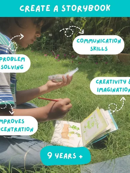 Details about our "Create a Storybook" class for ages 9+, highlighting how it improves communication, problem-solving, and concentration.
