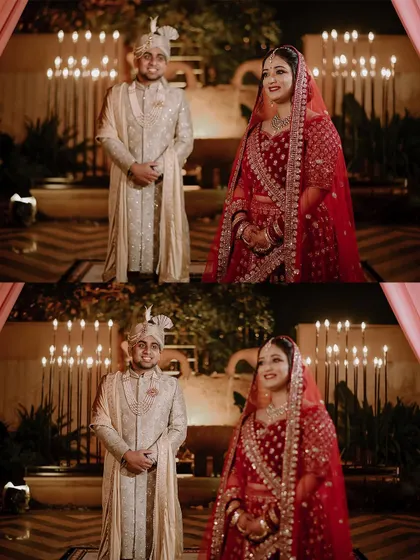 A classic portrait of the couple against a backdrop of candles.