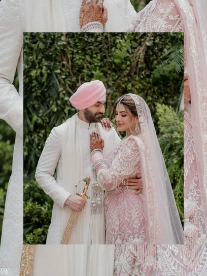 A beautifully framed portrait of the Sikh couple, highlighting their loving gaze and elegant attire.