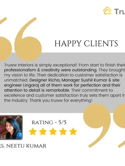 Mrs. Neetu Kumar gives a 5-star rating, calling the experience exceptional. She praises the professionalism, creativity, and remarkable attention to detail from the entire team.
