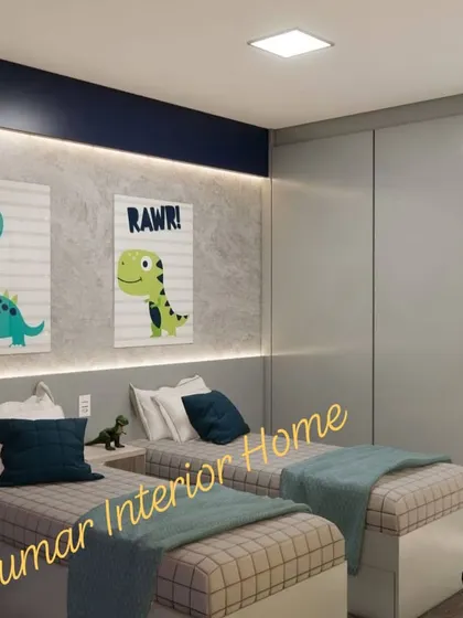A close-up of the beds with cute dinosaur wall art.