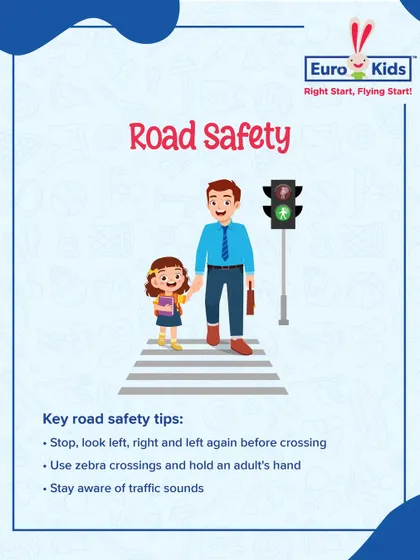 Key road safety tips for children. We teach the fundamental rules like 'stop, look, and listen' and the importance of using zebra crossings to ensure children are safe pedestrians.