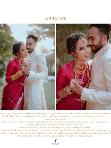 A diptych titled "Soulmate," showing the couple holding hands and sharing a loving gaze, accompanied by a beautiful message about their bond.