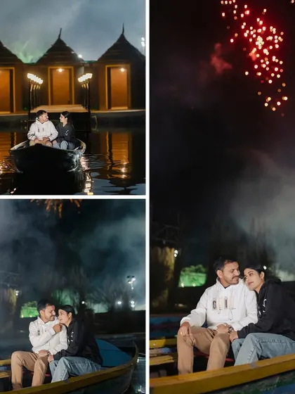 A magical night shoot on our private lake, complete with a boat, smoke effects, and fireworks to create a truly cinematic and unforgettable scene.
