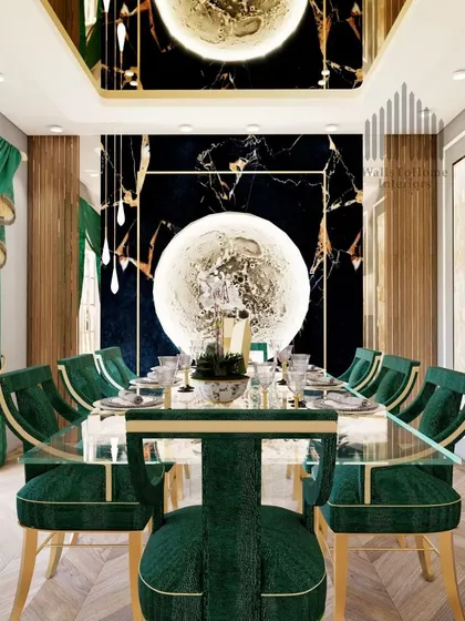 A full view of the royal dining room render, showcasing the grand table setting, rich green drapes, and the stunning interplay of light and reflection.