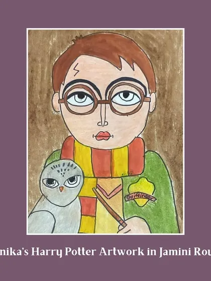 A creative fusion of pop culture and traditional art. Here, Taarunika has drawn Harry Potter in the distinctive style of Indian artist Jamini Roy.