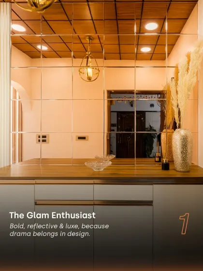 For the glam enthusiast, we designed this space with bold, reflective, and luxe elements. The mirrored wall and metallic accents create a dramatic and sophisticated atmosphere that is sure to impress.