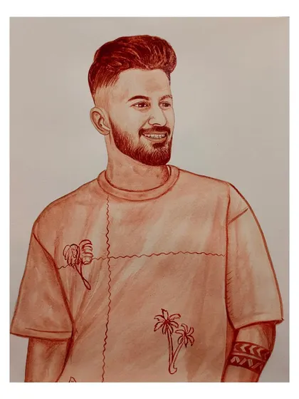 A blood portrait of a man in a casual, modern t-shirt. The artwork also captures his arm tattoo.