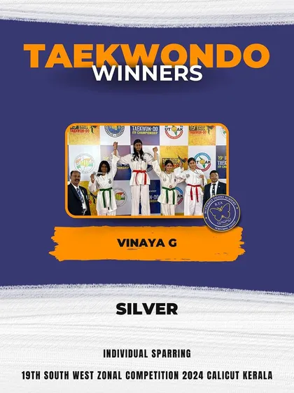 Vinaya G celebrates her Silver medal win in Individual Sparring at the Zonal Competition, a testament to her hard work and the quality of our sparring training.