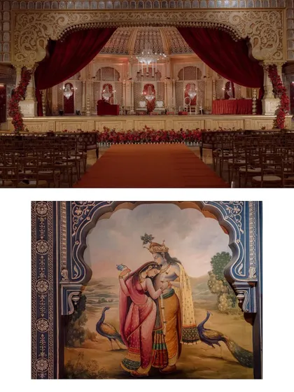 A diptych showcasing the royal wedding decor, with a wide shot of the grand stage and a close-up of a beautiful Radha-Krishna painting.