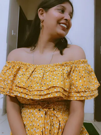 A happy, sunny look. This yellow off-the-shoulder floral dress with tiered ruffles is one of my favorites for a cheerful daytime vibe.
