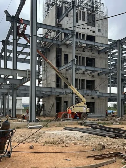 A building taking shape is a spiritual journey. This construction photo of our ePositive project shows the steel and concrete skeleton rising, a thrilling moment where every design decision begins to fit into the larger story.
