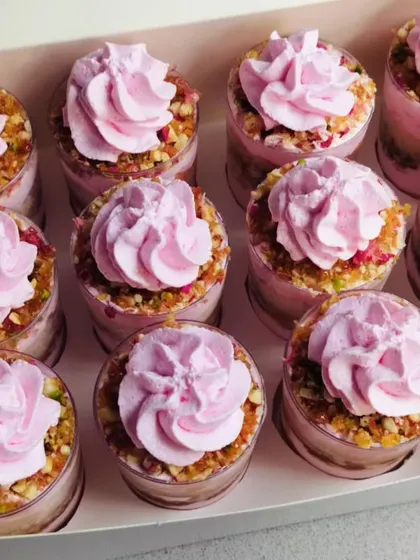The full box of my Rose Chikki dessert cups, showing the beautiful pink cream swirls on top of each one.