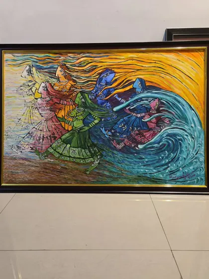 This painting depicts the five elements (Pancha Bhoota) through a dynamic composition of female figures and swirling natural forces. It's a powerful piece of art that tells a story of nature and creation.