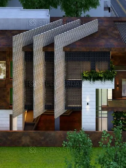An aerial view of the Varanasi project, showing the unique, wing-like roof structures and the overall layout of the property.