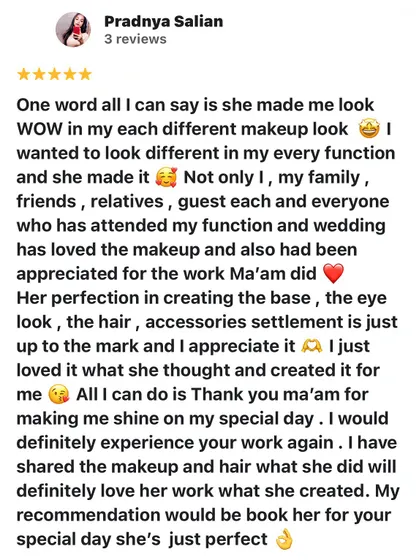 "She made me look WOW" - Reading reviews like this from my brides is the ultimate reward. It's all about creating unique, perfect looks for every single function.