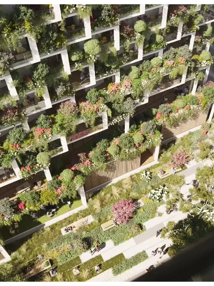 The rich biodiversity of the Sky Gardens facade is visible in this aerial detail, showcasing a variety of plant species that create a thriving ecosystem.