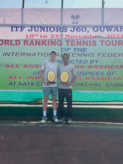 Sehaj and his partner with their doubles winner plaques at the ITF Juniors J60 Guwahati tournament. Strong doubles play is a crucial part of a player's development, and we focus on building these skills.