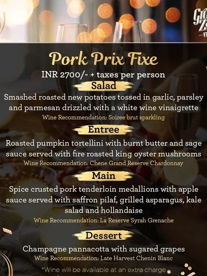 This Pork Prix Fixe menu was designed for a truly indulgent New Year's feast. It featured spice-crusted pork tenderloin paired with our La Reserve Syrah Grenache, creating a perfect balance of flavors.
