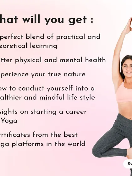 What will you get from our teacher training course? This graphic lists the key outcomes, from a blend of practical and theoretical learning to insights on starting a career in yoga. We ensure you gain not just better physical and mental health, but also certificates from some of the best yoga platforms in the world.