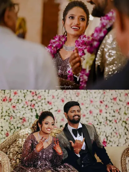 Candid moments from the reception stage, showing the couple interacting with guests and sharing a relaxed, happy moment together.