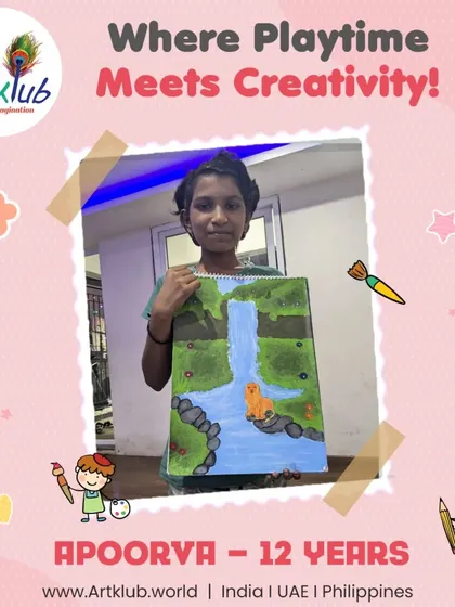 Apoorva, age 12, brings her ideas to life with this serene painting of a waterfall in a lush green forest.