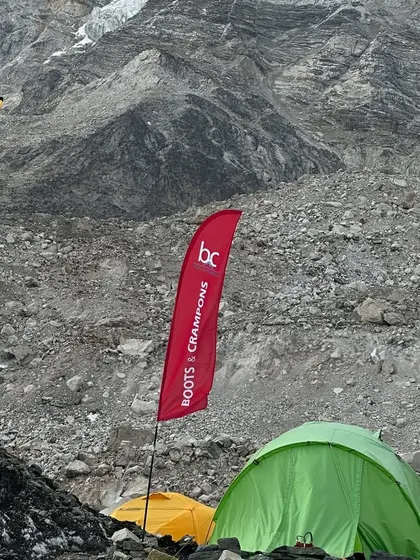 Our camp setup at Everest Base Camp, with the B&C flag flying. This is our home and operational hub during the climbing season for major expeditions like Everest and Lhotse.
