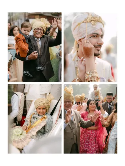 A collage capturing the vibrant energy of the groom's family during the Baraat. From a grandfather holding a child to the groom's joyful expression, it’s a celebration of generations.