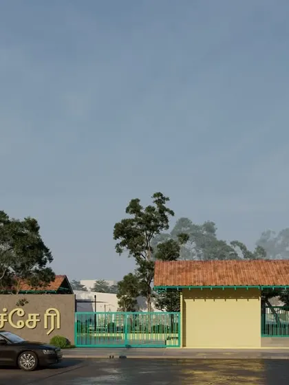A render of the proposed "Namma Velachery" Seriya Eri Park entrance, designed to create a strong sense of place and identity. The architecture uses vernacular elements like a tiled roof to welcome visitors.