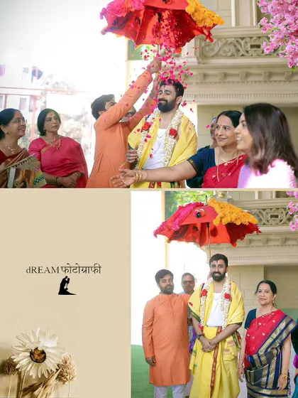 The groom's entrance at a South Indian wedding, surrounded by family and showered with flower petals.