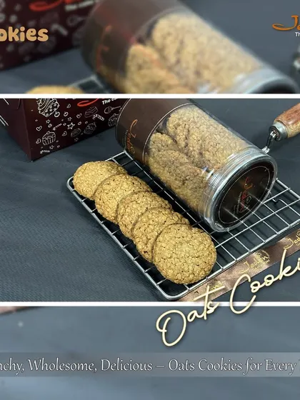 Our Oats Cookies are crunchy, wholesome, and delicious. This image shows the perfectly baked cookies on a cooling rack, highlighting their rustic texture and promising a healthy yet satisfying snack.