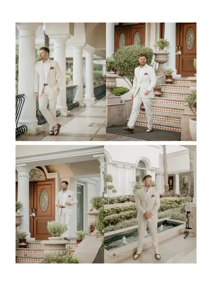 A collage of the groom's portraits, looking dapper and stylish in his off-white suit for the cocktail reception.