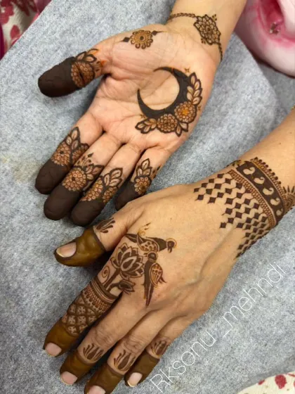 An elegant and modern design for Eid celebrations. It features a crescent moon motif combined with delicate floral patterns and geometric checkerboard designs on the back of the hands.