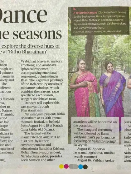 An article announcing Natyarangam's "Rithu Bharatham" festival, which explores the seasons through dance.