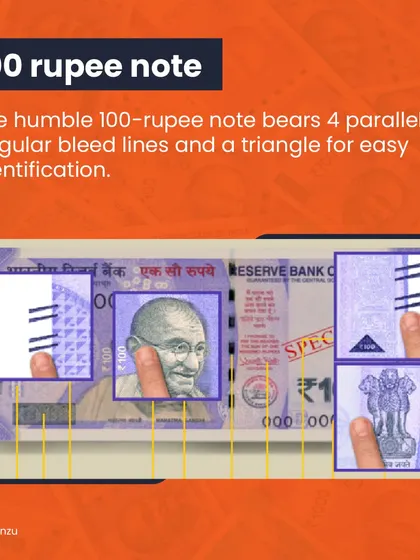 The 100-rupee note includes 4 angular bleed lines and a triangle, features that are part of a system to help the visually impaired.
