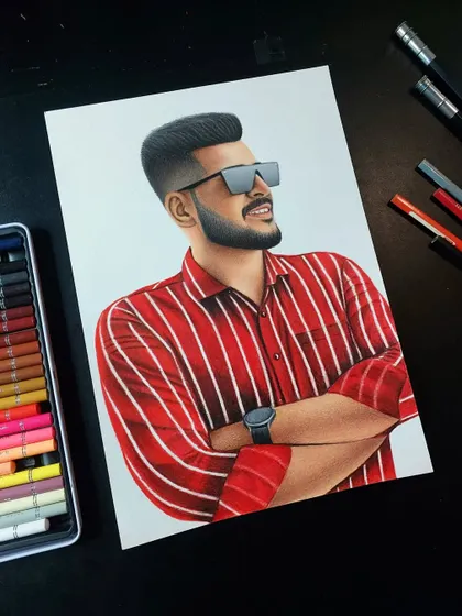 A stylish solo portrait for a client from Maharashtra. The striped red shirt and sunglasses were fun details to draw with my colour pencils on A4 paper.