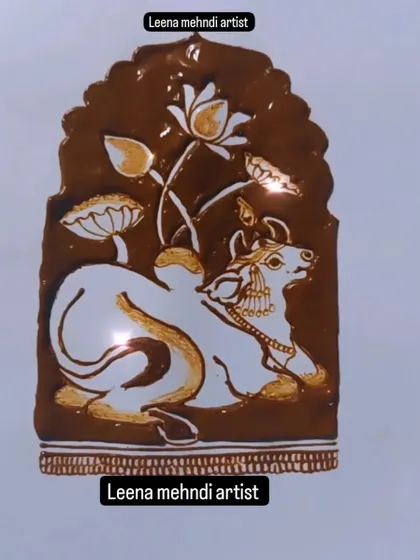 This piece is inspired by traditional Pichwai paintings, featuring a sacred cow and lotus flowers. It shows how we can translate other art forms into beautiful henna designs, a topic I love exploring with my students.