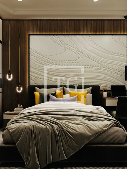This bedroom design concept features a stunning textured art panel behind the bed, creating a unique focal point. The room is complemented by modern pendant lights, a sleek wardrobe, and a functional workspace.