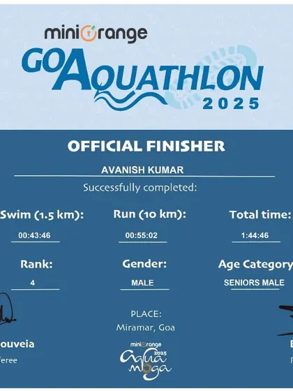A finisher certificate for the Goa Aquathlon, combining a 1.5km swim and a 10km run. Our training prepares athletes for multi-sport events like triathlons and aquathlons.