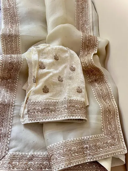 A look at my Sabyasachi-inspired collection. These sets feature pure organza sarees with detailed borders, paired with luxurious velvet designer blouses. They are available in a range of beautiful colors like brown, navy, green, black, yellow, purple, and off-white.