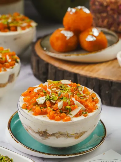 A close-up of the Thandai Cheesecake and Meethi Boondi Fusion Globe. This workshop is all about creating desserts that are adaptable, easy to assemble, and have a high return for your business.