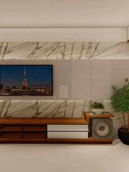 This entertainment center features a marble-clad wall and a floating wooden console, combining natural textures with a clean, modern design. Integrated planters bring a touch of nature to the living space.