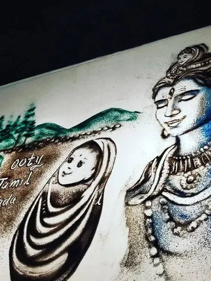 This piece was created for a client's story that connected Ooty, Tamil Nadu, with Lord Shiva and a newborn baby. We can weave together personal geography, spirituality, and family moments into one cohesive artwork.