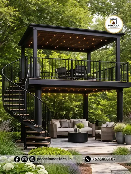 This two-story outdoor gazebo, complete with an elegant spiral staircase, creates a luxurious retreat in a lush garden setting. It showcases our ability to integrate complex structures like pergolas and stairways into a single, harmonious design for premium outdoor living.