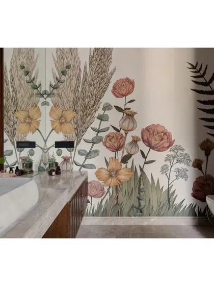 A detail shot that captures the beauty of the wallpaper. We believe every room, no matter its function, deserves to be beautiful.